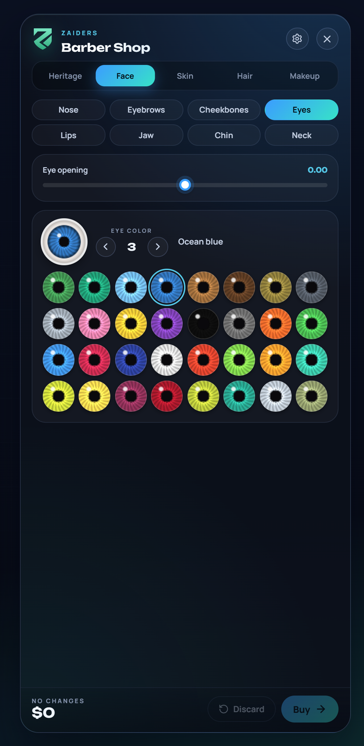 Face, Eyes: the chosen eye big with its number and name, and the 32 eyes as the player's game draws them