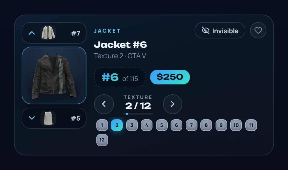 The garment card: photo, number, textures, arrows, the heart and Invisible