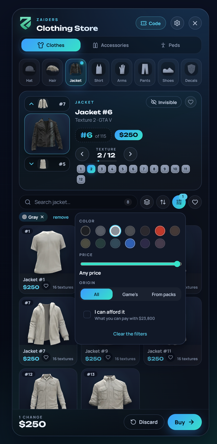The Filters menu open over the grid: Color, Price, Origin and I can afford it