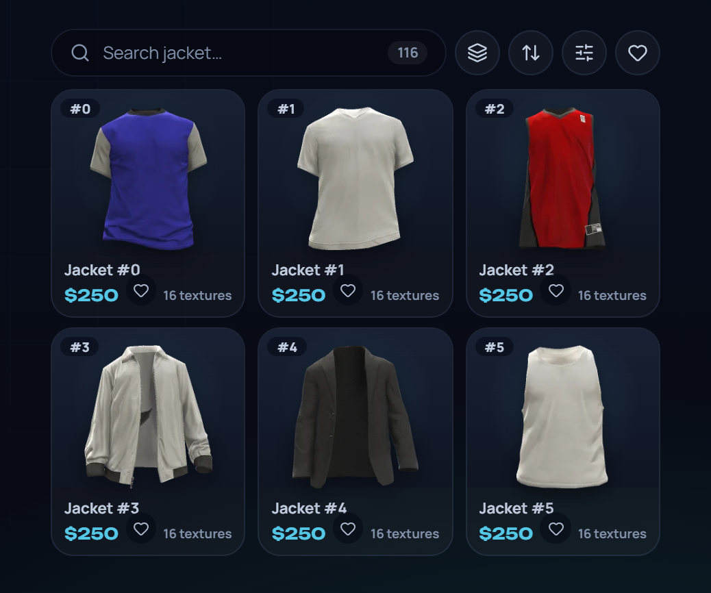 The grid of garments with their photos and prices, and the Filters button