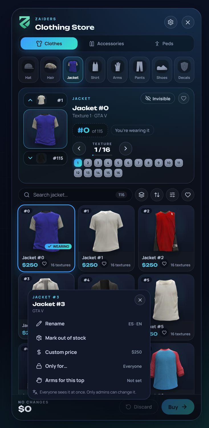 The right-click menu of a garment