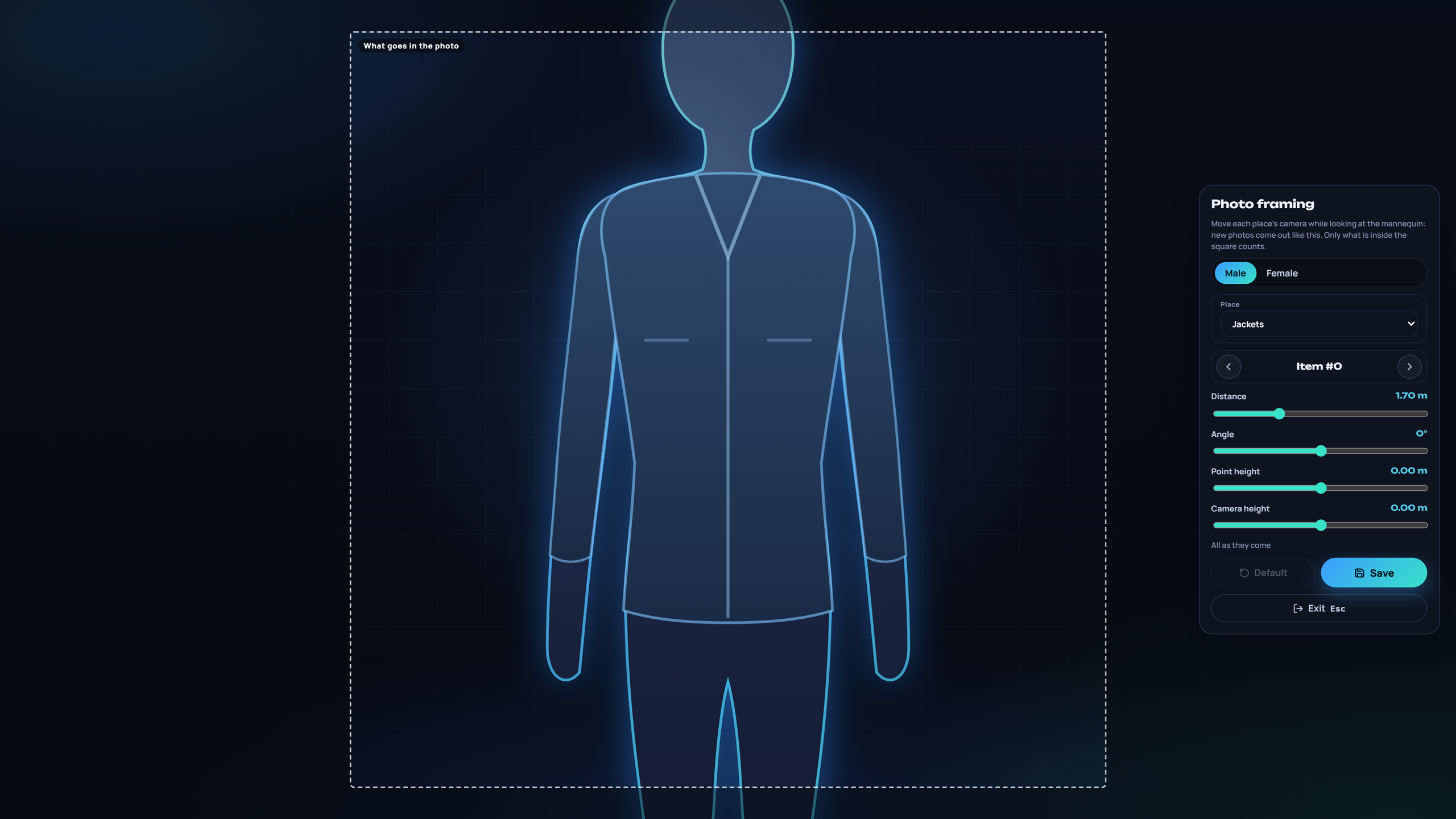 The photo framing editor: the mannequin wearing a jacket, the square that goes in the photo, and the bars that move the camera