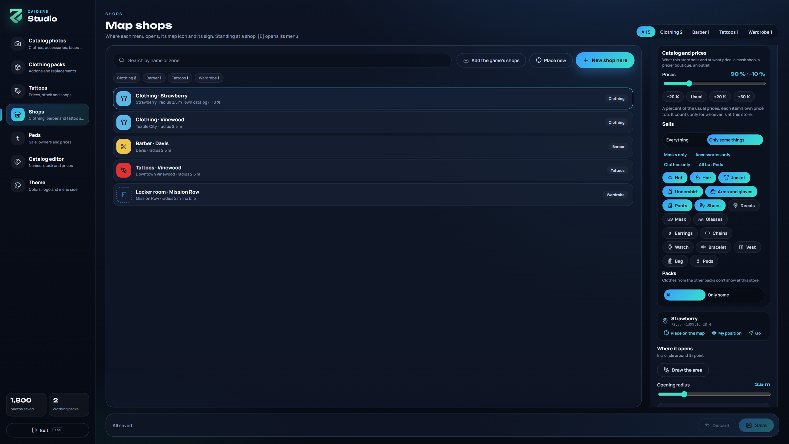Shops: the list of shops and the chosen clothing store's editor on Catalog and prices, its location and Where it opens