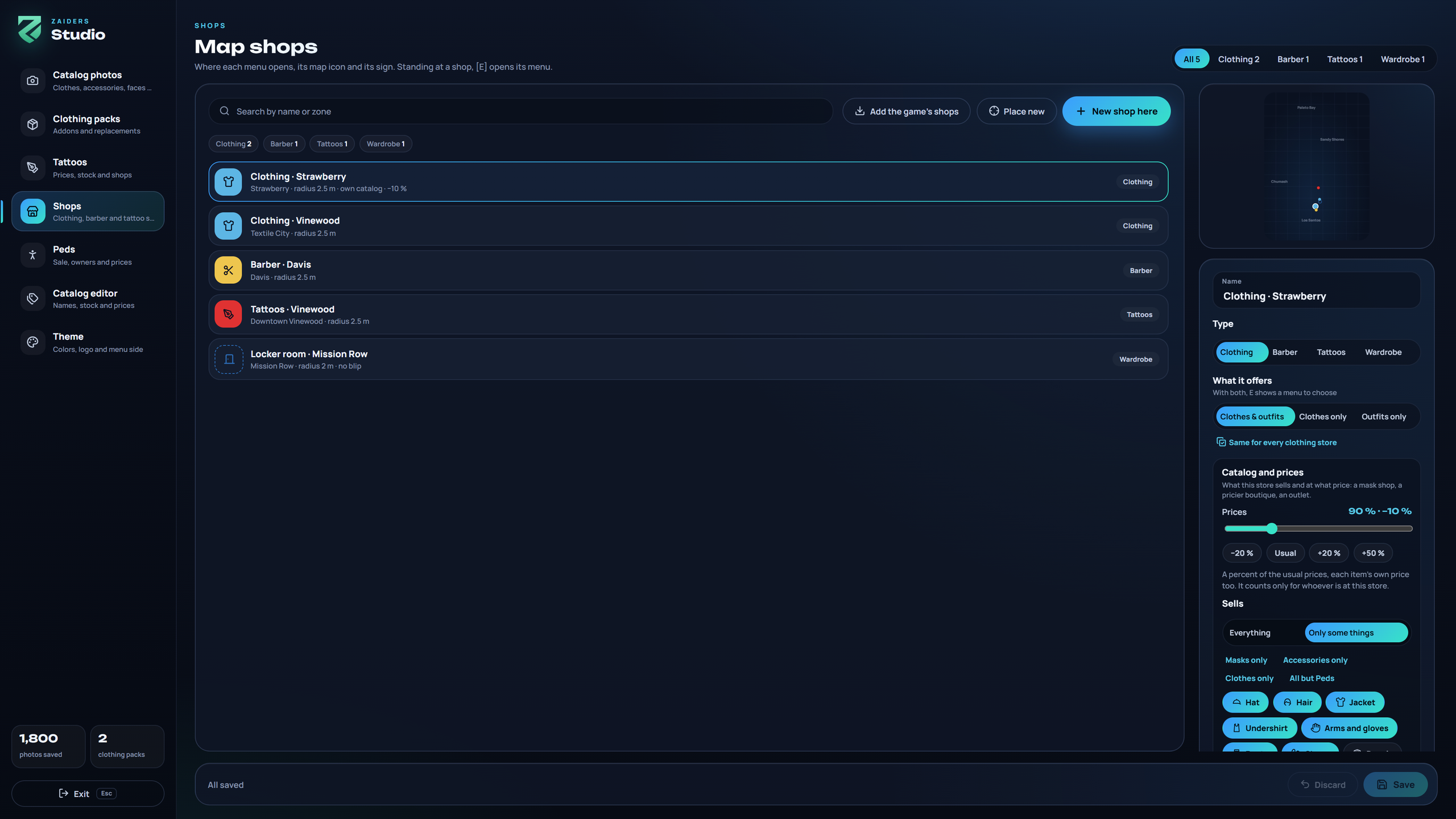 A clothing store open in the editor: its name, its type, what it offers and, under them, its catalog and prices