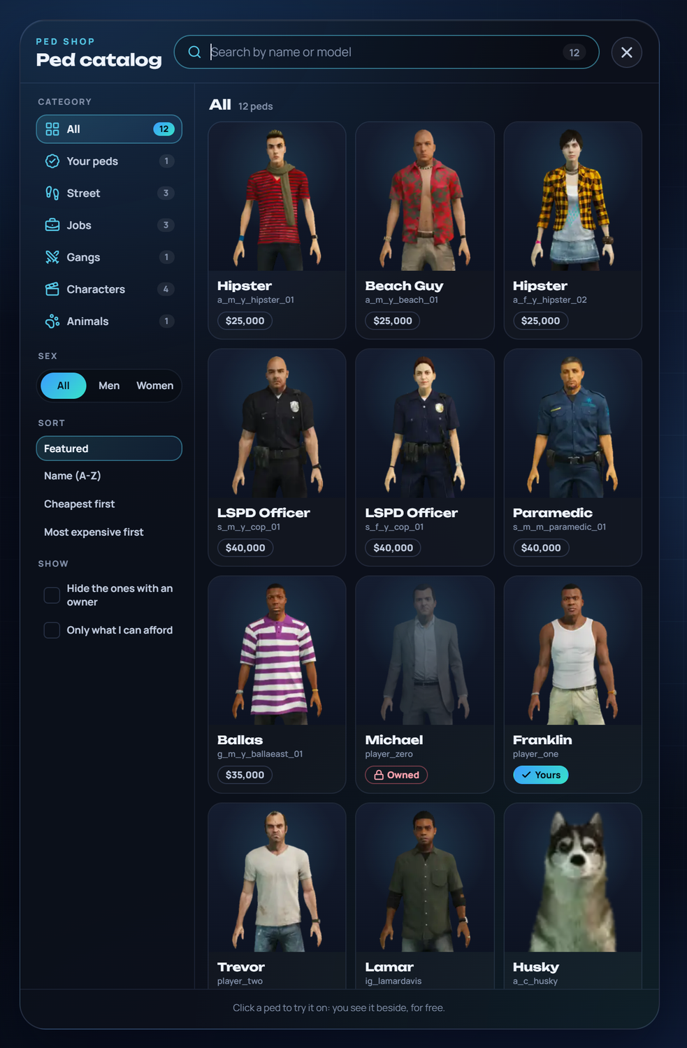 The ped catalog: categories, filters and a picture for each ped