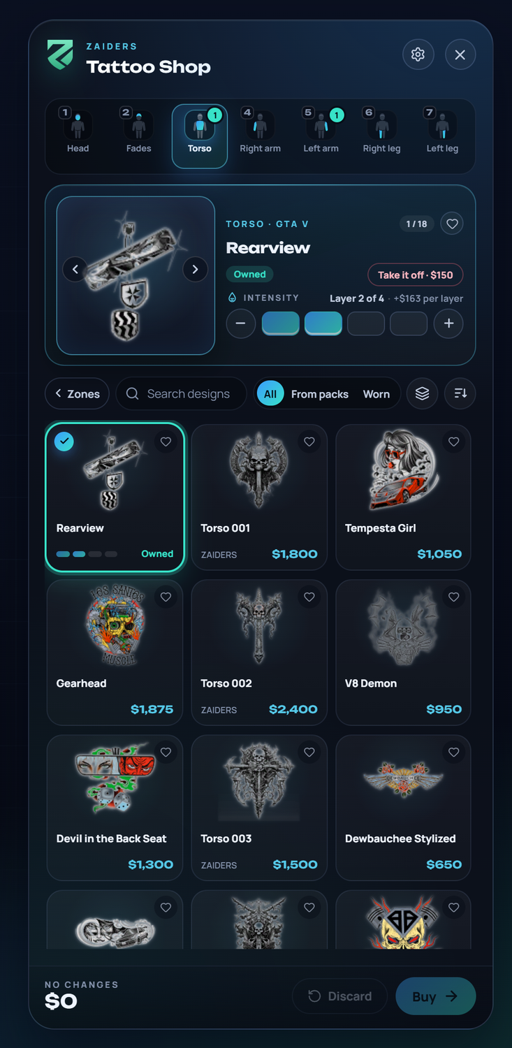 The torso tattoos: the zone chips, the chosen design big at the top, and cards with their pictures, names and prices