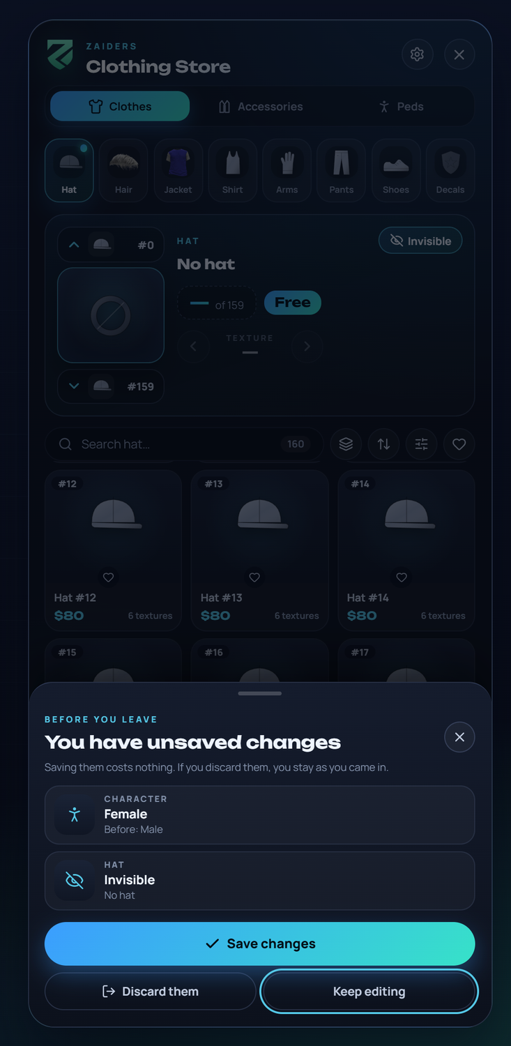 The You have unsaved changes sheet: the list of changes and Save changes, Discard them and Keep editing