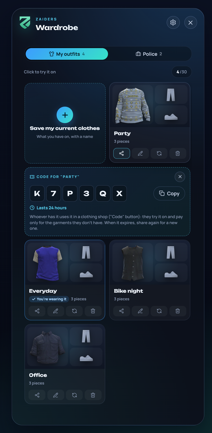 An outfit's code to share, in big letters