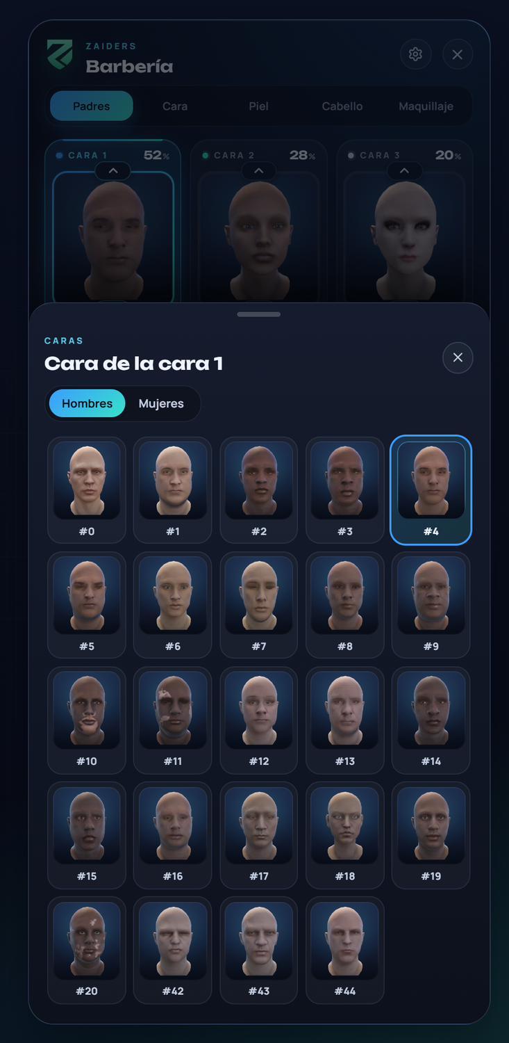 Todas las caras como retratos enmarcados, con el selector Hombres y Mujeres