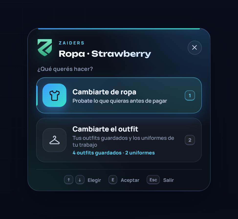 El menú chico que muestra una tienda de ropa: Cambiarte de ropa o Cambiarte el outfit