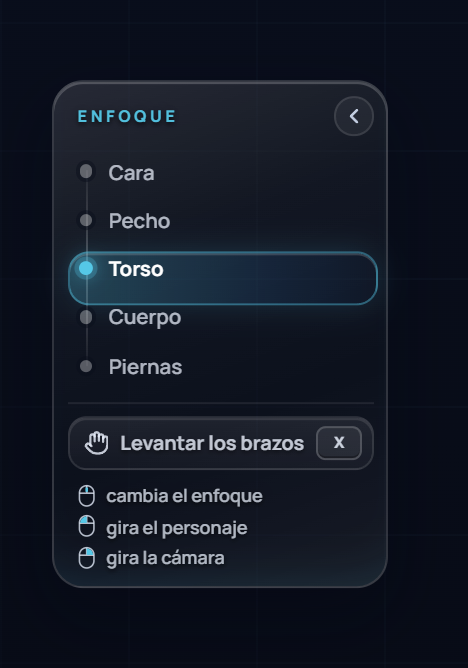 El panel de enfoque: Cara, Pecho, Torso, Cuerpo y Piernas, con el botón de brazos