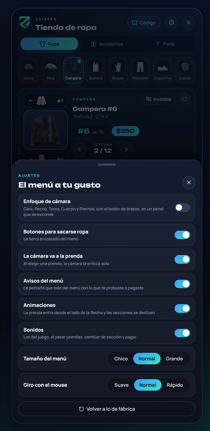 La hoja de Ajustes del menú