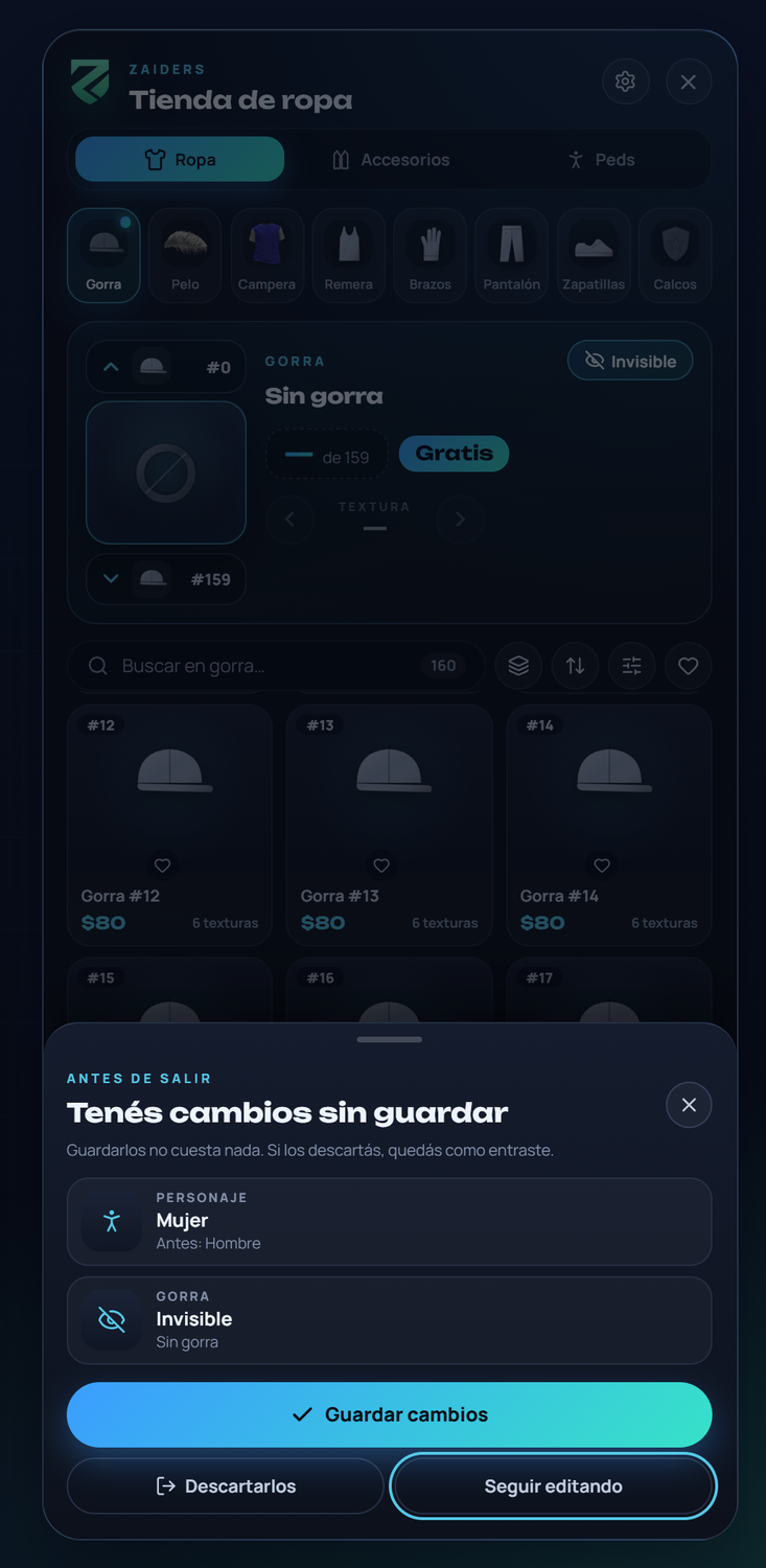La hoja Tenés cambios sin guardar: la lista de cambios y Guardar cambios, Descartarlos y Seguir editando
