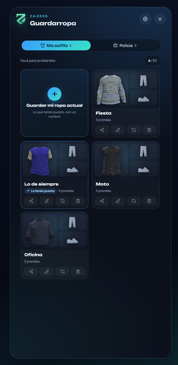 Mis outfits: una tarjeta por outfit con sus prendas principales